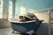 A large funny tortoise rests in a blue bathtub in a bathroom