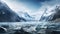 a large glacier surrounded by mountains under a blue sky with clouds