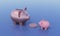 A large gold piggy bank stands opposite a small pink piggy bank, with a gold dollar coin between them. 3d rendering