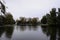 Large Golitsyn Pond and the building of Main Command of the Ground Forces of the Russian Federation in background, Moscow, Russia.