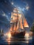 A large gorgeous sailboat against a mesmerising seascape. Hand-drawn illustration for children\\\'s book cover.