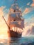 A large gorgeous sailboat against a mesmerising seascape. Hand-drawn illustration for children\\\'s book cover.