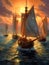 A large gorgeous sailboat against a mesmerising seascape. Hand-drawn illustration for children\\\'s book cover.