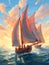 A large gorgeous sailboat against a mesmerising seascape. Hand-drawn illustration for children\\\'s book cover.