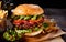 Large gourmet burger with avocado and guacamole