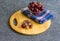 Large grapes in a glass bowl, chopped grapes.