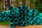 Large green industrial PVC sewer pipes road construction with barricades