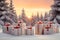 Large group of Christmas gifts with red ribbons on snow covered surface.