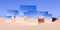 Large group of chrome retro boxes or monolith objects in surreal abstract desert landscape with blue sky background, geometric