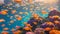 A large group of fish gracefully swim over a vibrant coral reef in a bustling underwater scene, A dreamy underwater landscape