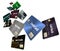 This is a large group of flying, floating credit cards.