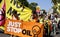 Large group of people protesting against climate change laws with a banner that says "Just Stop Oil"