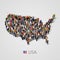 Large group of people in United States of America or USA map with infographics elements.