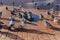A large group of pigeons bathing in muddy puddle in the middle of a cobbled square