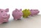 Large group of pink piggy banks with one yellow leader