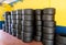 Large group of racing car slick tyres piles