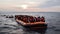 large group of refugees in a huge inflatable boat at sunset or sunrise, neural network generated image