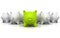 Large group of white piggy banks with one green leader