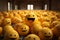 a large group of yellow smiley faces in an empty room