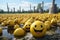 a large group of yellow smiley faces in the middle of a field