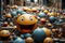 a large group of yellow smiley faces surrounded by blue and orange buildings