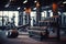 Large gym for bodybuilding. Barbells and equipment for athletes. Heavy dumbbells and exercise machines