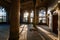 Large hall with columns in old abandoned mansion