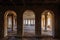 Large hall with columns in old abandoned mansion