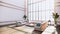 Large hall interior design, Big room . japanese style interior mock up with armchair on tatami mat floor and wooden design wall.3D