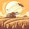 a large harvester collects wheat from the field, during the war. Generative AI
