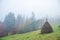 A large haystack stands on a green field among the dense gray fog