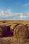 Large haystacks stand in a mowed field at sunset