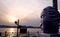 Large head shaped statue facing the sunset ocean in a public park at Yongin, South Korea