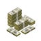 Large heap of one hundred US dollars banknotes, detailed coupure in isometric view on white