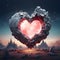 A large heart made of cracked stones in a deserted land in the middle of a pink image. Heart as a syof affection and love