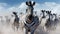 A large herd of striped zebras roam the African savannah generated by AI