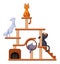 Large house-complex for cats with shelters, playgrounds, scratching posts and a toy. Cats rest and play in the house