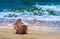 large huge oceanic shell on the yellow sand against a white foam of the surf and the blue sea