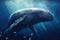 A large humpback whale swims alone in the ocean waters, generative AI.