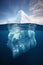 Large iceberg floats in ocean, revealing captivating underwater view