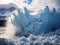 a large iceberg with snow and clouds