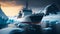 Large icebreaker in Arctic waters among the ice, AI generation