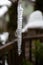 A large icicle hangs on the roof.