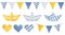 Large illustration collection of pennant banner garland, cute paper boats, various hearts and triangle flags.