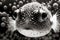 Large image of muzzle of poisonous puffer fish in black and white