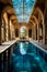 Large indoor swimming pool with skylight above it. Generative AI