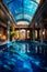Large indoor swimming pool with skylight above it. Generative AI