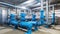 Large industrial boiler room and water treatment facility, blue pumps, shiny stainless metal pipes, and valves