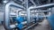 Large industrial boiler room and water treatment facility, blue pumps, shiny stainless metal pipes, and valves