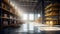 Large industrial warehouse. High racks filled with boxes and containers. Boxes on pallets in the sorting area. Daylight